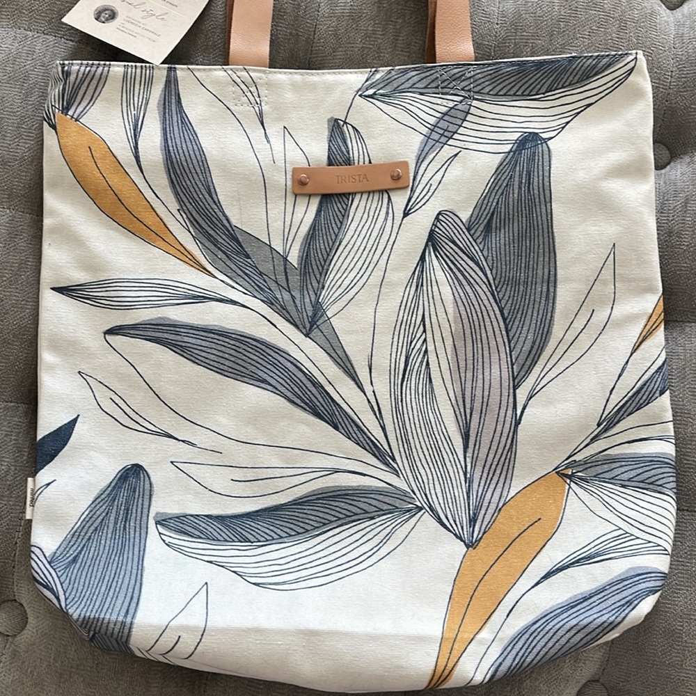Minted Floral Canvas Tote Bag with Tan Straps, customized for “Trista” - Picture 5 of 7